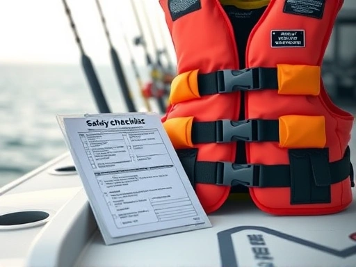 A close-up shot of a safety checklist and a life vest on a boat deck, with a blurred background of fishing rods, highlighting preparedness and safety equipment.