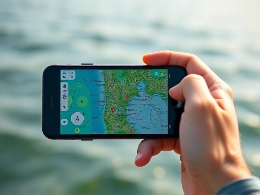 A close-up of a hand holding a smartphone, with a fishing app showing a detailed map of fishing spots and real-time fishing conditions, with a blurred background of a serene lake or ocean.