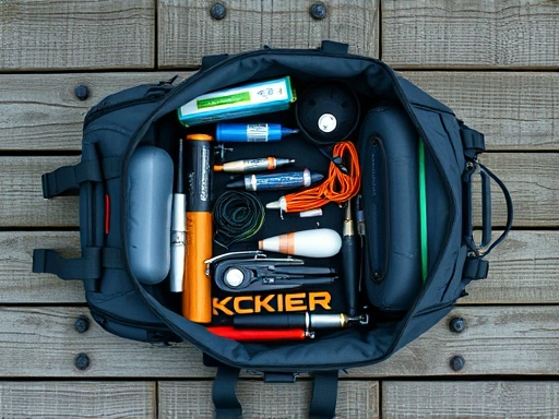 A detailed top-down view of an open fishing backpack on a wooden dock, filled with various fishing gear neatly organized, demonstrating efficient packing techniques and weight distribution with natural lighting.