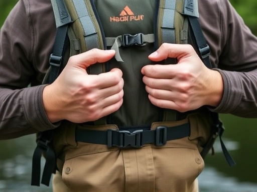 Close-up of a person adjusting the shoulder straps and hip belt of a fishing backpack while wearing it, showing proper backpack fit and weight distribution for comfortable angling in an outdoor setting.