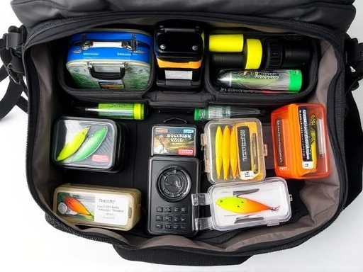 A well-organized fishing bag, open, with various neatly arranged fishing tackle boxes, lures, and tools, in a professional and clean setting.