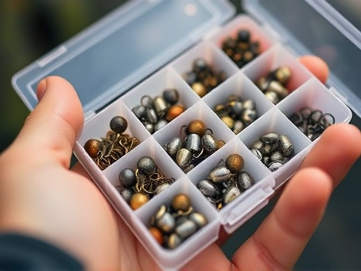 Close-up of a hand organizing small fishing tackle, like hooks and sinkers, into clear, multi-compartment boxes, showing attention to detail.