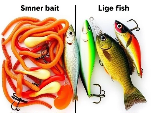 A detailed side-by-side comparison of natural bait (e.g., worms, live fish) and artificial lures (e.g., crankbaits, soft plastics) with clear visual distinctions, representing fishing techniques and angler choices.