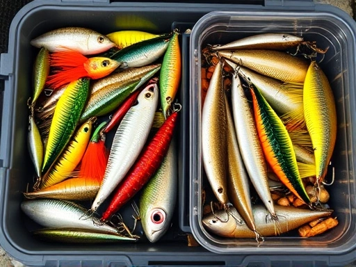 Close-up of a fishing tackle box, half with neatly organized artificial lures of various colors and shapes, and the other half with a container of fresh natural bait, highlighting textures and materials.