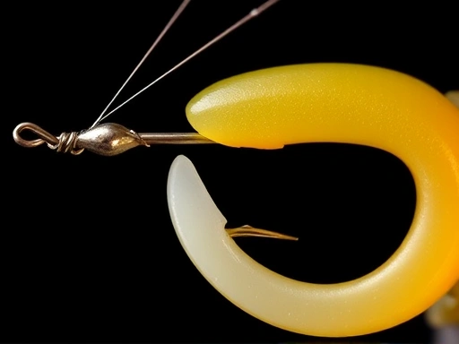 Close-up of a fishing hook being perfectly inserted into a soft plastic worm bait, showing precision and detail in fishing gear matching.