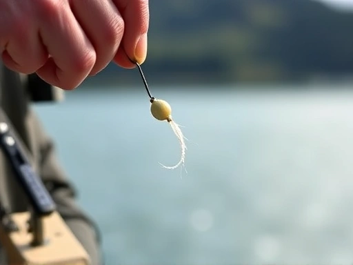 An angler carefully placing a small amount of bait on a fishing hook, with a blurred background of a serene fishing lake, showing efficient bait usage.