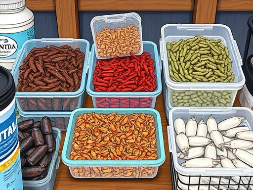 A detailed illustration of various fishing baits (earthworms, shrimp, groundbait, frozen squid) meticulously stored in specialized containers in a cool, organized fishing shed, highlighting freshness and preparation.