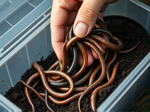 Close-up of a hand carefully placing lively earthworms into a breathable bait box with fresh soil, emphasizing proper handling and storage for optimal freshness before fishing.