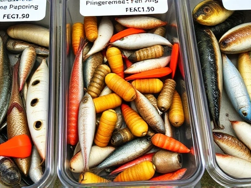 Detailed close-up shot of various fishing baits stored in different containers with temperature labels.