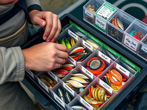 A fishing enthusiast carefully organizing and labeling various types of baits in a tackle box.