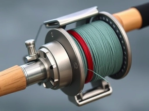 A close-up of a fishing rod and reel, with fishing line neatly spooled, demonstrating the intricate details of essential fishing equipment for beginners.