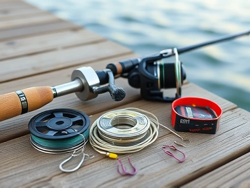A close-up of essential fishing gear: a fishing rod, a spinning reel, various fishing lines, and hooks, neatly laid out on a wooden dock with calm water in the background, showcasing a beginner's setup.