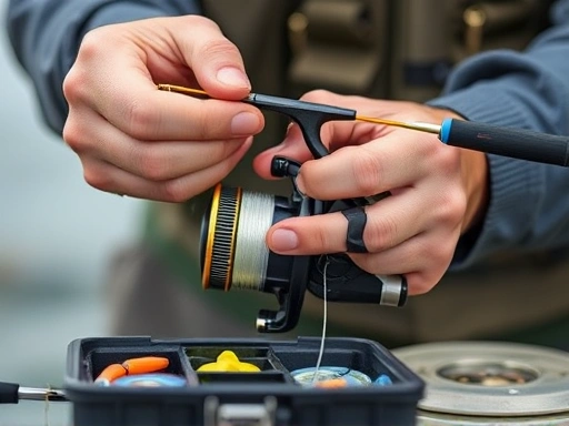 A pair of hands demonstrating how to attach a fishing line to a spinning reel, with a tackle box and small fishing accessories clearly visible in the foreground, focusing on the detailed setup process for beginners.