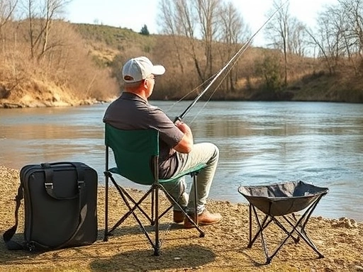 An angler comfortably seated on a lightweight folding fishing chair next to a tranquil river, demonstrating portability and ease of use in an outdoor setting.