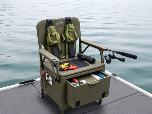 A sturdy box-type fishing chair with integrated storage compartments, showcasing its stability and ample storage for fishing gear, on a calm lake platform.