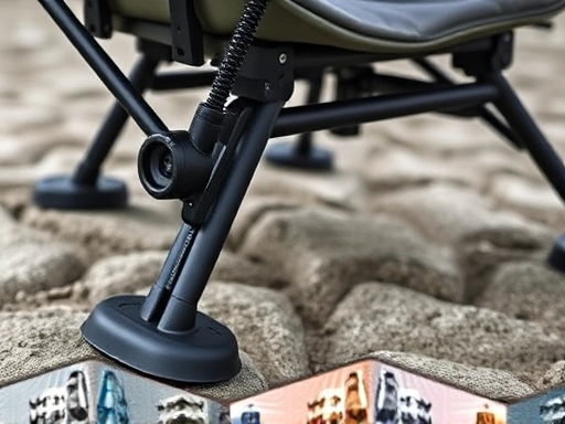 Close-up of a fishing chair's adjustable leg mechanism and mud plate on uneven terrain, highlighting the durability and stability features. Focus on mechanical details.