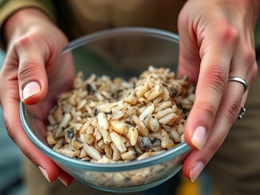 Close-up view of an angler's hands expertly mixing fishing chum in a bowl, showcasing the texture and consistency, with a blurry background of a scenic fishing spot.