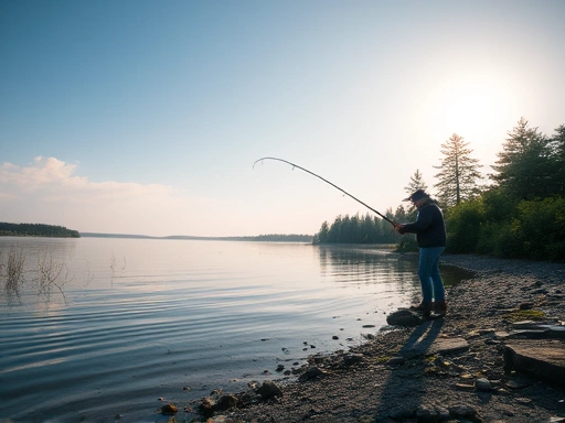 A serene fishing spot with a person cleaning up their area, showing respect for nature.