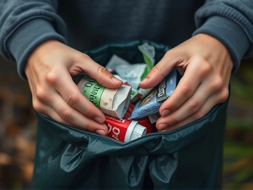 Close-up shot of hands placing trash into a trash bag, emphasizing responsible waste disposal.