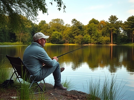 A serene fisherman sitting by a calm lake, focused on the fishing rod, surrounded by lush greenery.