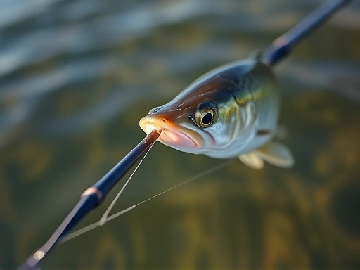 Close-up shot of a fishing rod tip with a subtle bend indicating a fish biting, clear water in the background.