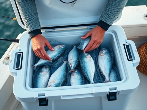 A professional fisherman expertly prepares a large, high-quality fishing cooler box, arranging ice packs and sealed bags of fresh fish inside, ready for a successful trip, with a focus on organization and freshness.