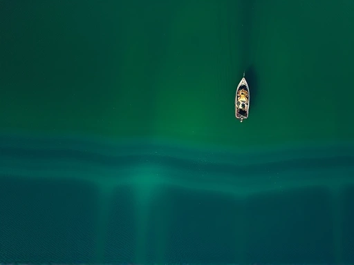 An aerial view of a calm lake with a boat, showing subtle underwater topography and varying depths indicated by color gradients, symbolizing strategic fishing.