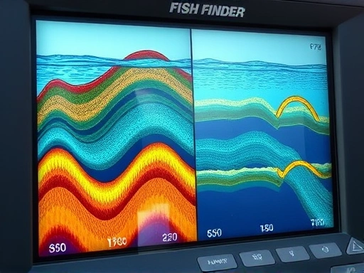 A close-up view of a fish finder screen displaying clear contours of underwater structures, fish arches, and specific depth readings, highlighting detailed topographical analysis for fishing.
