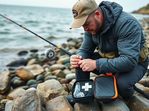 An angler carefully tending to a minor injury on his hand while fishing on a rocky shore, with a compact first aid kit open beside him, emphasizing safety and preparedness.