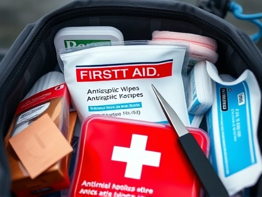 A close-up of a well-organized, waterproof first aid kit for fishing, showing essential items like bandages, antiseptic wipes, and tweezers, ready for an emergency.