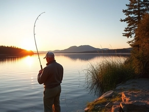 A serene lakeside scene with a fisherman holding a fishing rod, surrounded by nature, golden hour light.