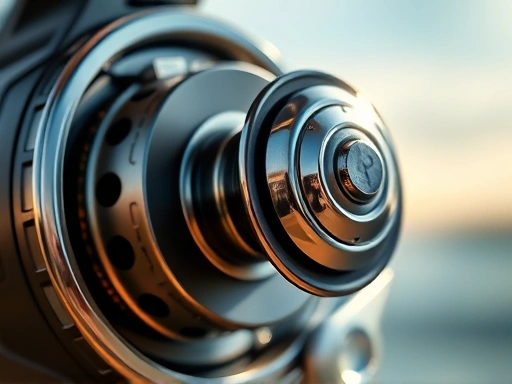 Close-up of a meticulously maintained fishing reel, showcasing its intricate details and reflecting sunlight.