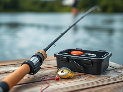 Close-up of fishing gear including a simple fishing rod, bait, and tackle box on a wooden pier, with a blurred background of a tranquil fishing pond.