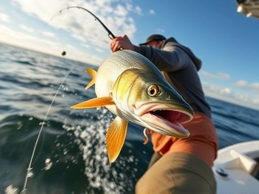 A dynamic action shot of a person skillfully fighting a large fish with a bent fishing rod, demonstrating pumping and reeling techniques on open water.