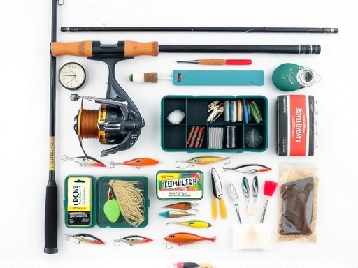 A detailed flat lay shot of various fishing gear including a rod, reel, tackle box, and lures, neatly laid out with cleaning brushes and cloths, implying maintenance and care.