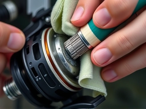 A close-up shot of a fishing reel being carefully cleaned with a soft cloth and a small brush, showing water droplets and focused hands, emphasizing meticulous maintenance.