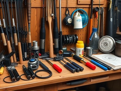Detailed fishing gear organization scene with various tools and equipment on a wooden workbench.