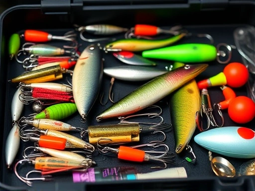 Close-up shot of a well-organized tackle box with various lures, hooks, and fishing accessories neatly arranged.