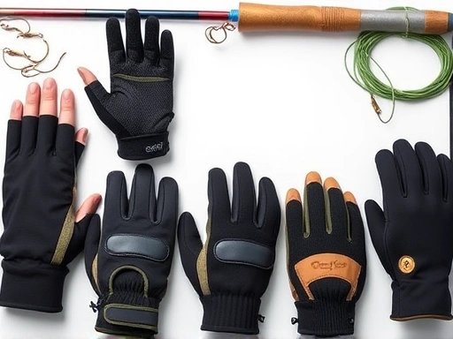 A detailed flat lay of various fishing gloves: fingerless, full-finger, and convertible, showcasing different materials and textures like neoprene and synthetic leather, with fishing hooks and line in the background.