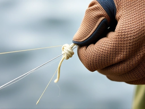 Close-up of a person's hand wearing a fishing glove, actively tying a fishing knot with a fishing line, focusing on the texture of the glove and the intricate detail of the knot, conveying precision and protection.