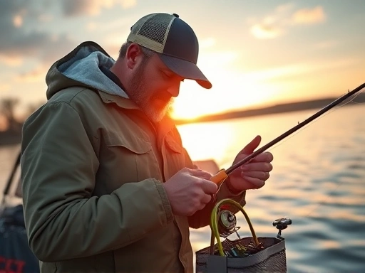 A seasoned angler meticulously checking fishing gear and waterproof clothing, preparing for a guided fishing trip on a serene lake at sunrise.