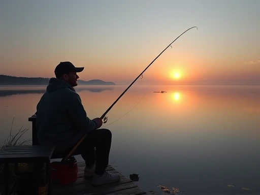 A serene scene with a person quietly fishing by a calm lake at sunrise, emphasizing reflection and connection with nature, with fishing rod and gentle light. A tranquil atmosphere.