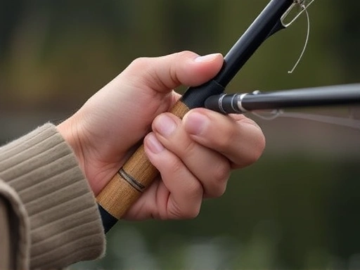 Close-up of a hand gently holding a fishing rod, with a blurred natural background, focusing on the calm and meditative aspect of fishing and the texture of the rod.