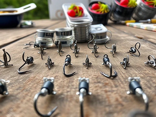A clear, detailed shot of various fishing hooks laid out on a weathered wooden table, with bait fishing equipment visible in the background, showcasing hook types and fishing gear.