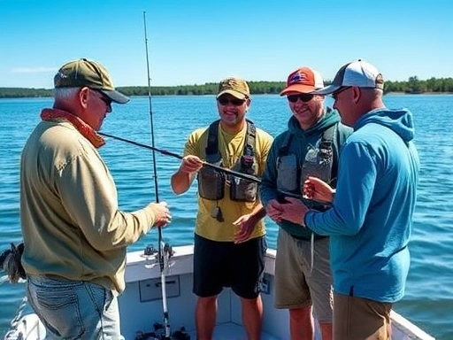 An experienced angler sharing fishing tips and techniques with a group of friends on a sunny lake, surrounded by fishing gear and calm water.
