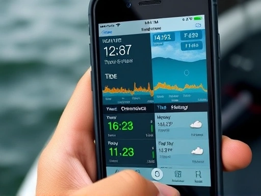 Close-up of a smartphone displaying a fishing app with detailed real-time weather, tide, and fish catch data, held by a hand on a boat.