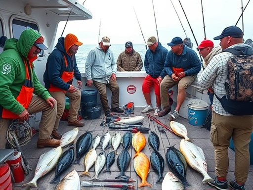 A diverse group of anglers, from beginners to experts, communicating and sharing knowledge on a fishing boat, with various fishing gear laid out.