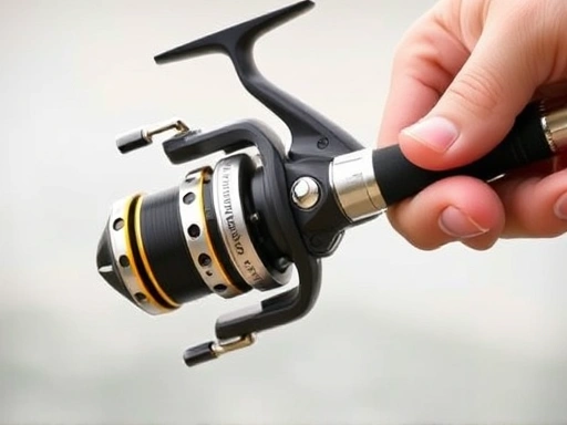 Close-up on a fishing reel and rod, with a hand demonstrating how to cast, highlighting the intricate details of the gear and action.