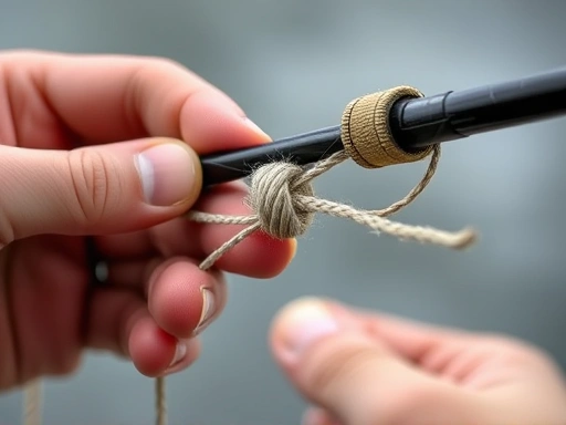 A detailed close-up of a fishing line being tied into a sturdy knot, showing the intricate steps and precision of the hands with a blurred fishing rod in the background.