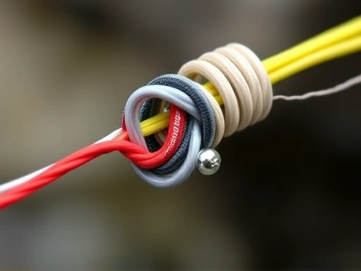 A close-up of a strong, perfectly tied fishing knot (like an FG knot or Palomar knot) connecting two different colored fishing lines, emphasizing strength and precision.